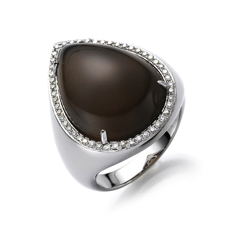 Ring 18 kt WG, 50 Brill. 0,32 ct, TW-si, 1 Mondstein 16,58 ct grau