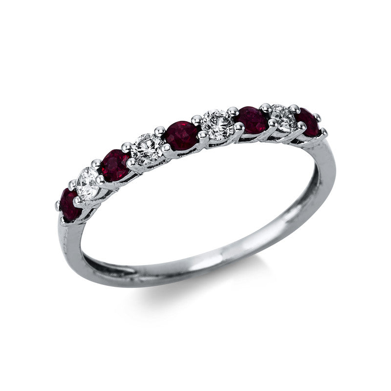 Ring 18 kt WG, 4 Brill. 0,20 ct, W-pi, 5 Rubine 0,33 ct rot