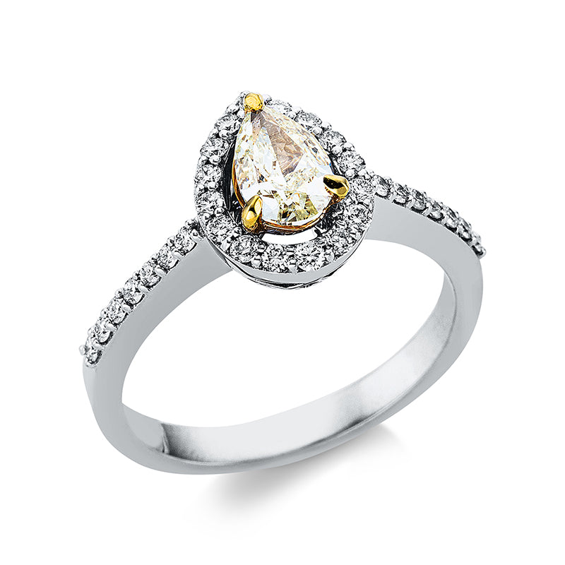 Ring 18 kt WG+GG, 31 Brill. 0,30 ct, TW-si, 1 Tropfen 0,66 ct, gelb