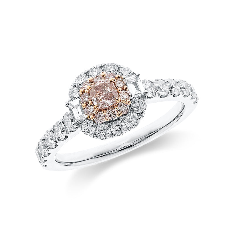 Ring 18 kt WG+RG, 2 Bag. 0,10 ct, TW-si, 22 Brill. 0,87 ct, TW-si, 1 Princ. 0,17 ct, pink, 10 Brill. 0,13 ct, pink