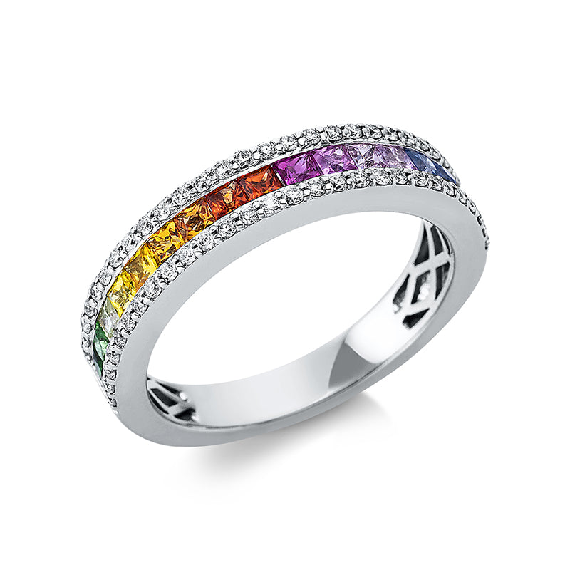 Ring 18 kt WG, 56 Brill. 0,30 ct, TW-si, 17 Saphire 0,90 ct multicolor