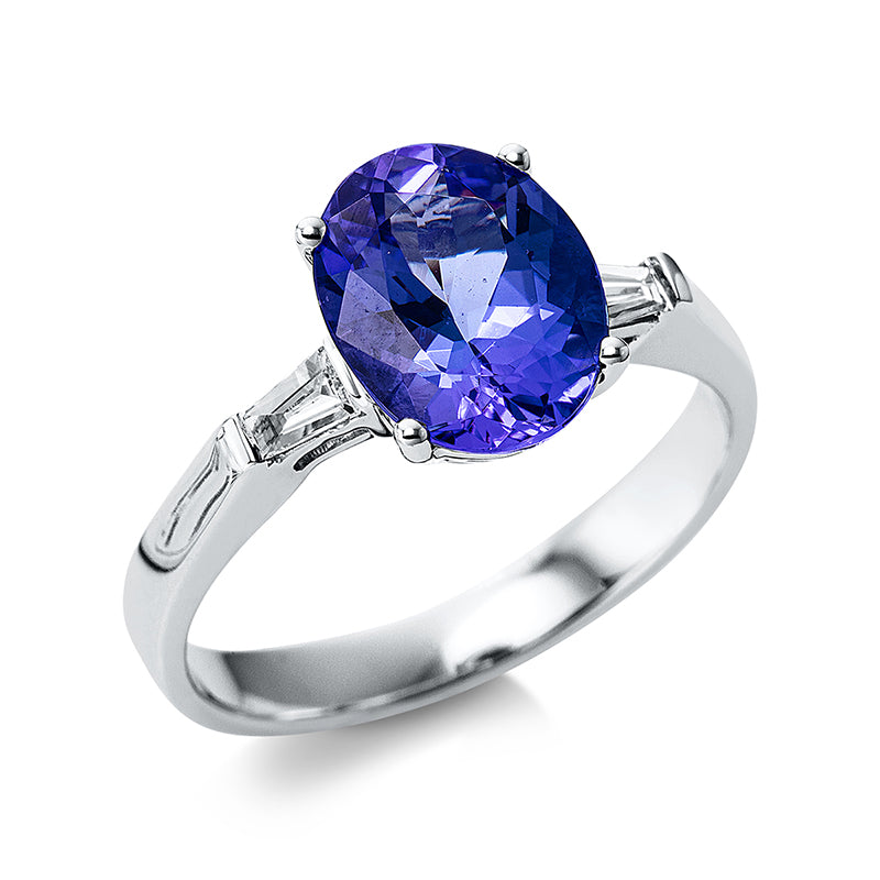 Ring 14 kt WG, 2 Bag. 0,15 ct, TW-si, 1 Tansanit 2,82 ct blau