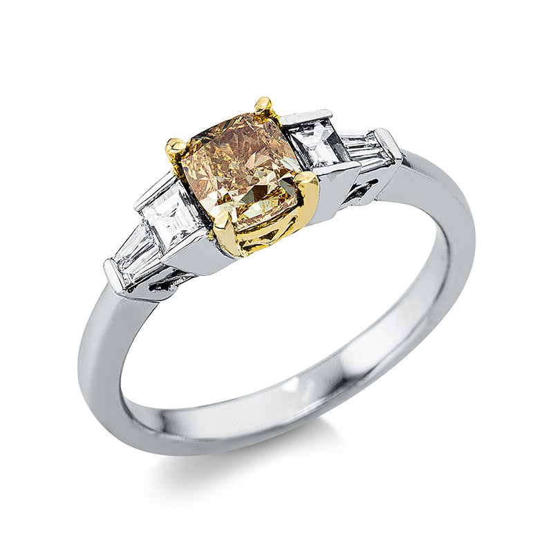 Ring 18 kt WG+GG, GIA2316556409, 1 Cushion 1,01 ct, gelb-si2, 6 Bag. 0,32 ct, TW-si
