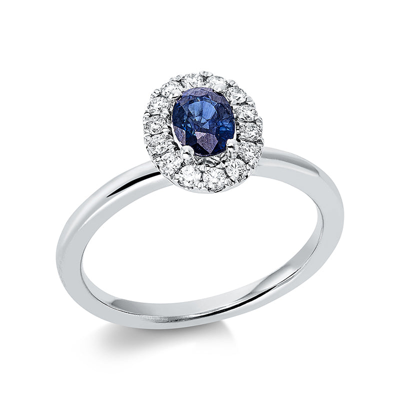 Ring 18 kt WG, 14 Brill. 0,19 ct, TW-si, 1 Saphir 0,64 ct blau