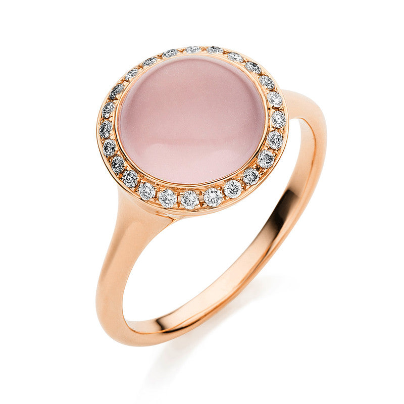 Ring 18 kt RG, 24 Brill. 0,16 ct, TW-vsi, 1 Rosenquarz 2,90 ct rosé