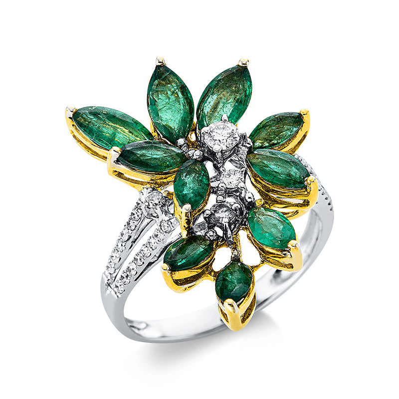Ring 18 kt WG+GG, 3 Brill. 0,13 ct, W-si, 32 Brill. 0,18 ct, W-si, 10 Smaragde 2,15 ct grün