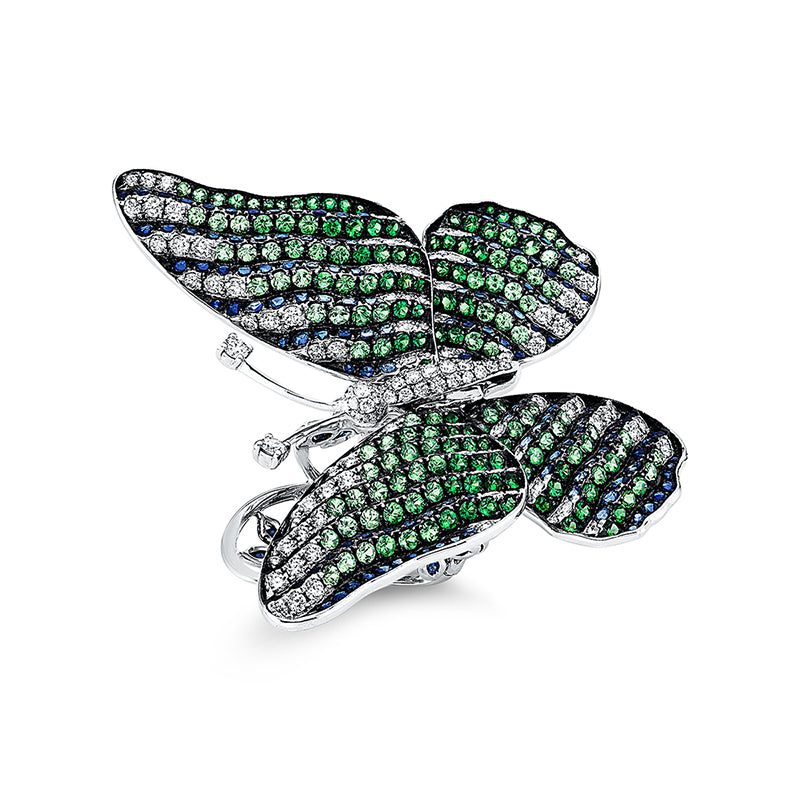 Ring 18 kt WG, Fassung teils schwarz rhodinie, 134 Brill. 3,61 ct, TW-vsi/si, 171 Tsavorith 7,26 ct grün, 230 Saphire 9,18 ct blau