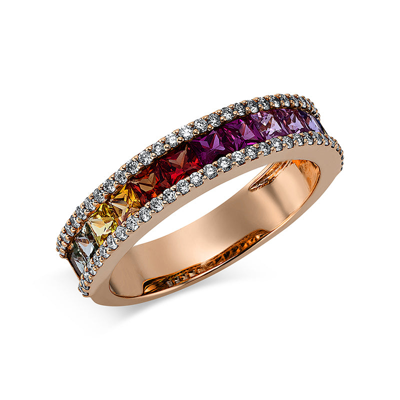 Ring 18 kt RG, 62 Brill. 0,30 ct, TW-si, 13 Saphire 1,36 ct fancy