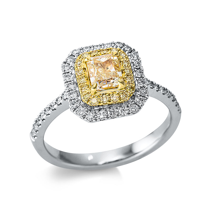 Ring 14 kt WG+GG, 40 Brill. 0,29 ct, TW-si, 1 Cushion 0,71 ct, gelb, 18 Brill. 0,09 ct, gelb
