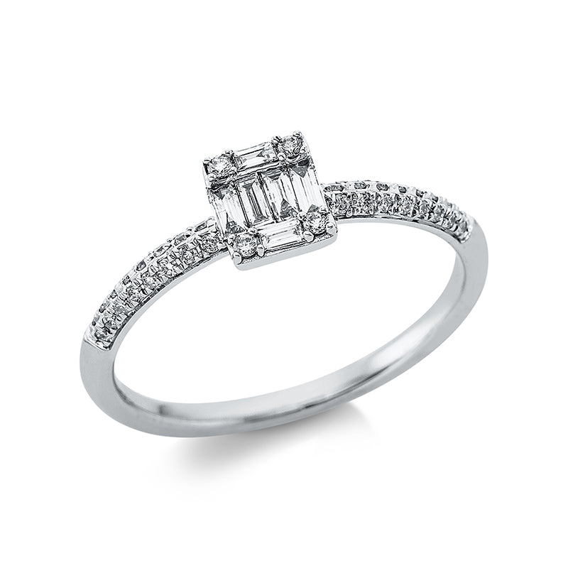 Ring 18 kt WG, 4 Bag. 0,09 ct, TW-vsi, 2 Bag. 0,03 ct, TW-vsi, 36 Brill. 0,12 ct, TW-si