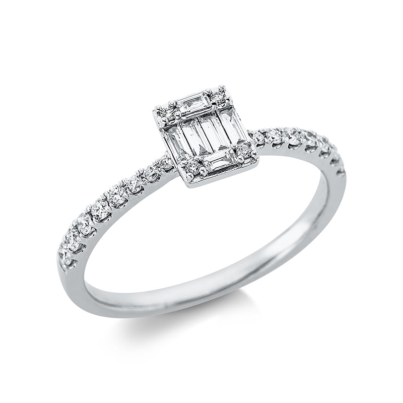 Ring 18 kt WG, 2 Bag. 0,03 ct, TW-vsi, 4 Bag. 0,08 ct, TW-vsi, 20 Brill. 0,17 ct, TW-si