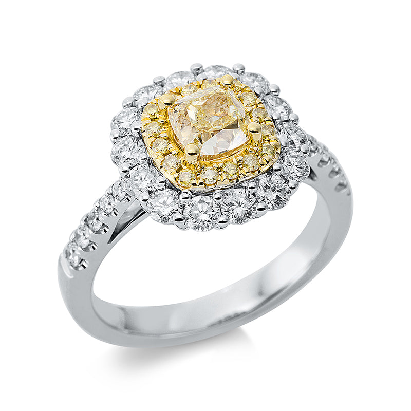 Ring 18 kt WG+GG, GIA 6402762862, 1 Cushion 1,00 ct, gelb-i1, 24 Brill. 0,89 ct, TW-si, 16 Brill. 0,13 ct, gelb