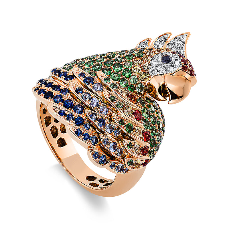 Ring 18 kt RG, 28 Br. 0,26 ct, TW-vsi, 2 Br. 0,03 ct, schwarz, 86 Sap 1,13 ct multi, 108 Tsav 1,89 ct