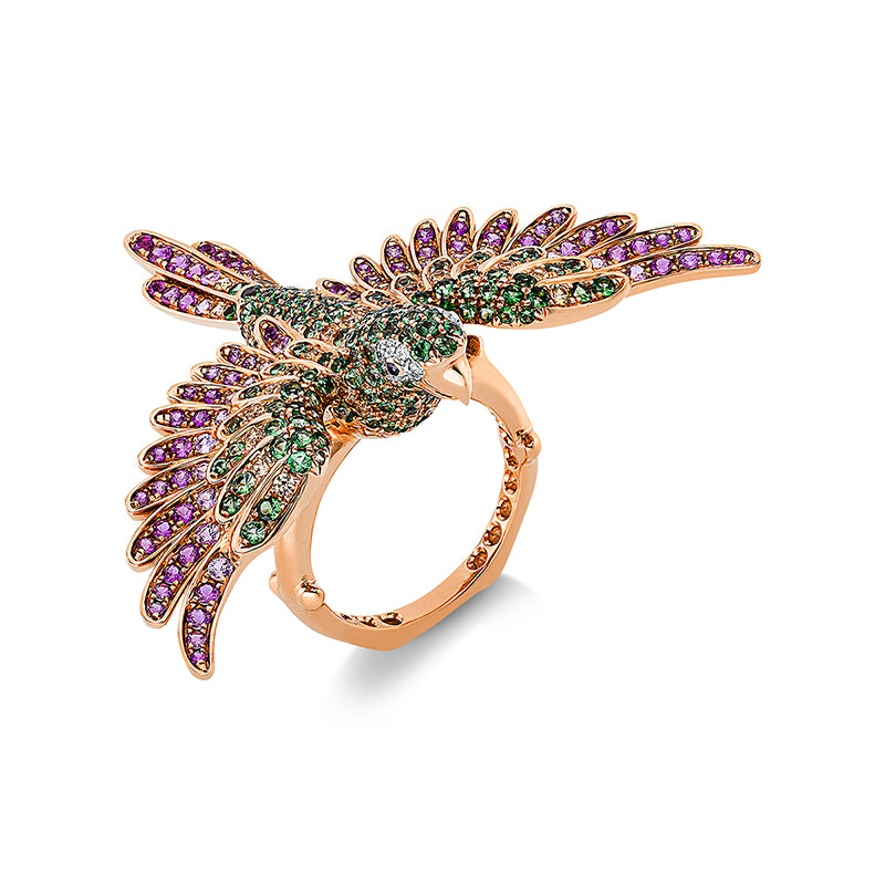 Ring 18 kt RG, 12 Br. 0,07 ct, TW-vsi, 2 Br. 0,01 ct, schwarz, 112 Sap 1,43 ct multi , 147 Tsa 1,79 ct