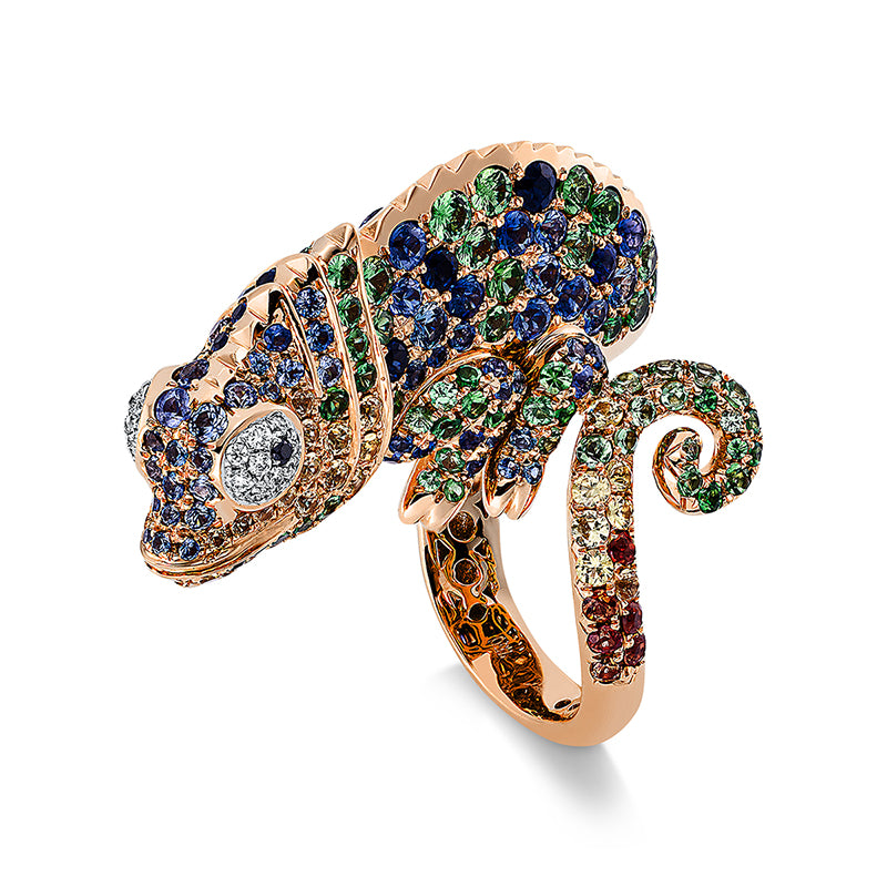 Ring 18 kt RG, 20 Brill. 0,11 ct, TW-vsi, 2 Brill. 0,01 ct, schwarz, 282 Saphire 7,25 ct multicolor