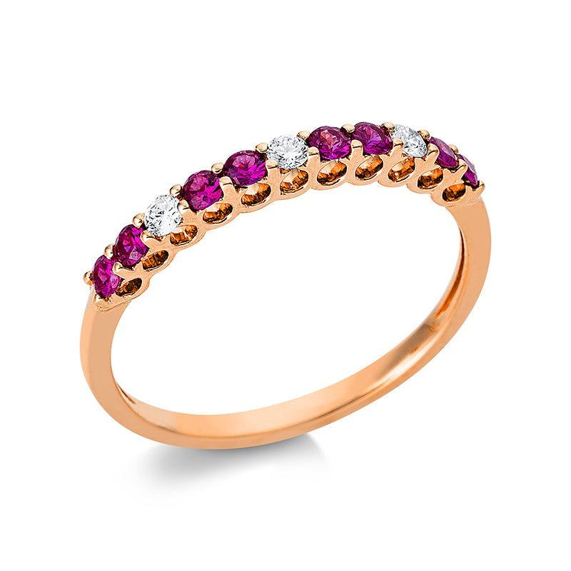 Ring 18 kt RG, 3 Brill. 0,10 ct, TW-si, 8 Rubine 0,32 ct rot