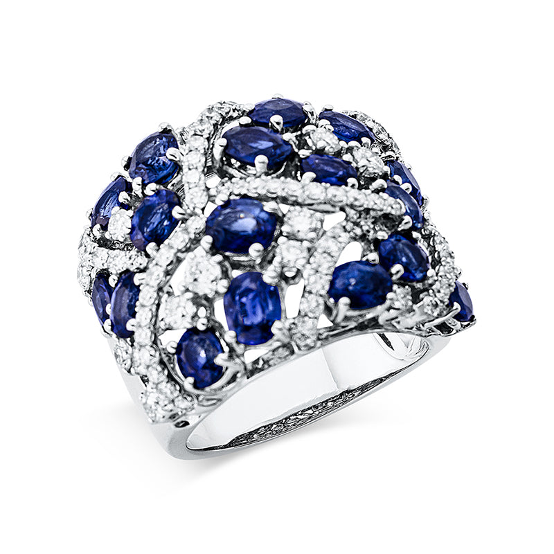 Ring 18 kt WG, 17 Brill. 0,75 ct, TW-vsi, 59 Brill. 0,65 ct, TW-vsi, 18 Saphire 5,76 ct blau
