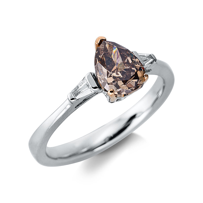 Ring 18 kt WG+RG, 2 Bag. 0,09 ct, TW-pi, 1 Tropfen 1,30 ct, braun