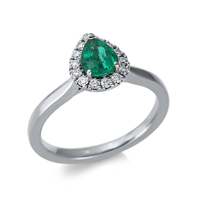 Ring 18 kt WG, 14 Brill. 0,16 ct, TW-si, 1 Smaragd 0,47 ct grün
