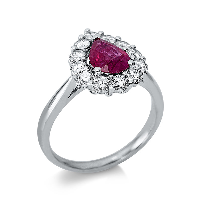 Ring 18 kt WG, 12 Brill. 0,67 ct, W-pi, 1 Rubin 0,96 ct rot