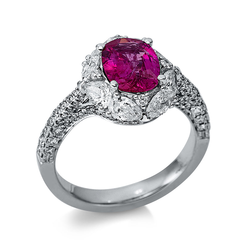 ABVERKAUF, Ring 18 kt WG, 8 Tropfen 1,04 ct, TW-si, 90 Brill. 0,51 ct, TW-si, 1 Rubin 1,65 ct rot