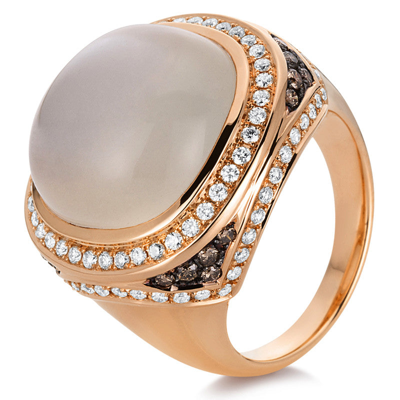 Ring 18 kt RG, 88 Brill. 0,66 ct, TW-vsi, 20 Brill. 0,30 ct, braun, 1 MS 12,70 ct weiß, W54