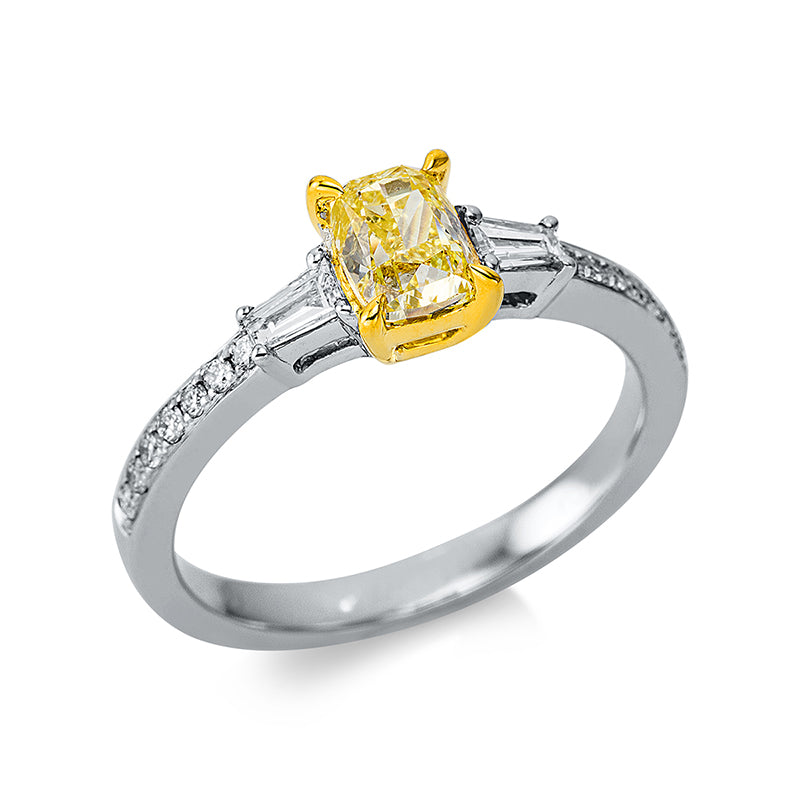 Ring 18 kt WG+GG, GIA#2427108703, 2 Bag. 0,21 ct, TW-si, 1 Cushion 1,00 ct, gelb-si2, 14 Brill. 0,14 ct, TW-si