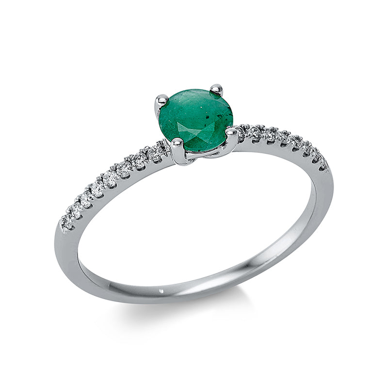 Ring 18 kt WG, 16 Brill. 0,10 ct, TW-si, 1 Smaragd 0,37 ct grün