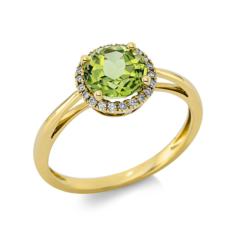 Ring 18 kt GG, 22 Brill. 0,10 ct, TW-si, 1 Peridot 1,70 ct grün