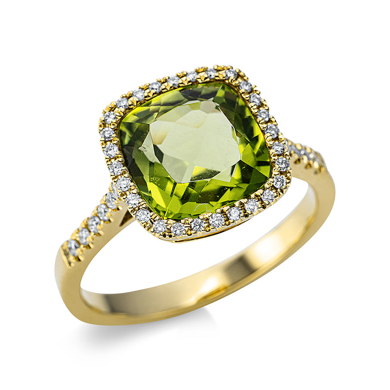 Ring 18 kt GG, 40 Brill. 0,21 ct, TW-si, 1 Peridot 3,70 ct grün