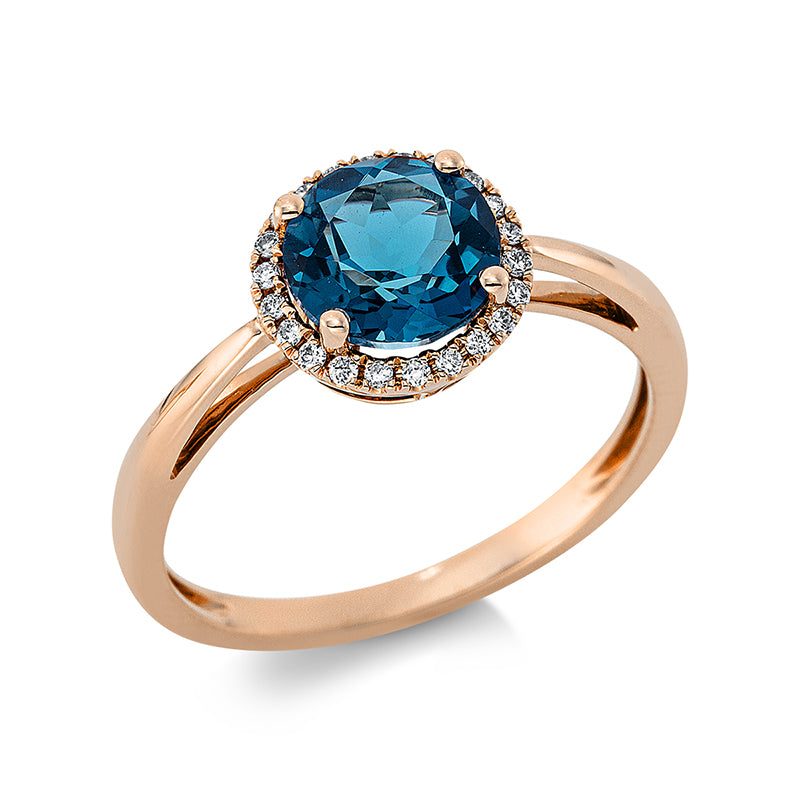 Ring 18 kt RG, 22 Brill. 0,10 ct, TW-si, 1 Topas 1,70 ct Lond. blue