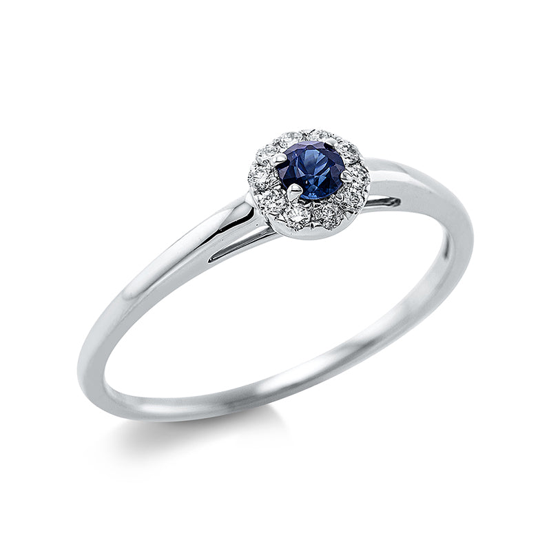 Ring 18 kt WG, 10 Brill. 0,07 ct, TW-si, 1 Saphir 0,12 ct blau