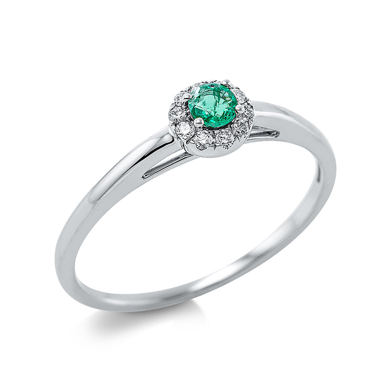 Ring 18 kt WG, 10 Brill. 0,07 ct, TW-si, 1 Smaragd 0,12 ct grün