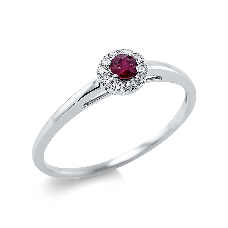 Ring 18 kt WG, 10 Brill. 0,07 ct, TW-si, 1 Rubin 0,14 ct rot