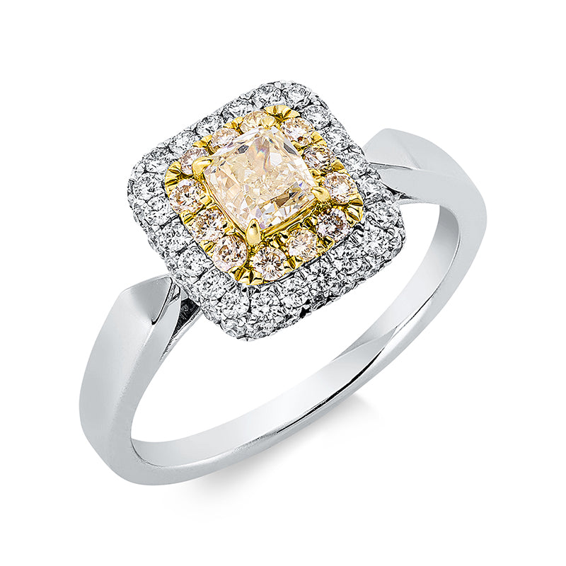 Ring 18 kt WG+GG, 48 Brill. 0,35 ct, TW-si, 1 Cushion 0,51 ct, gelb, 12 Brill. 0,17 ct, gelb
