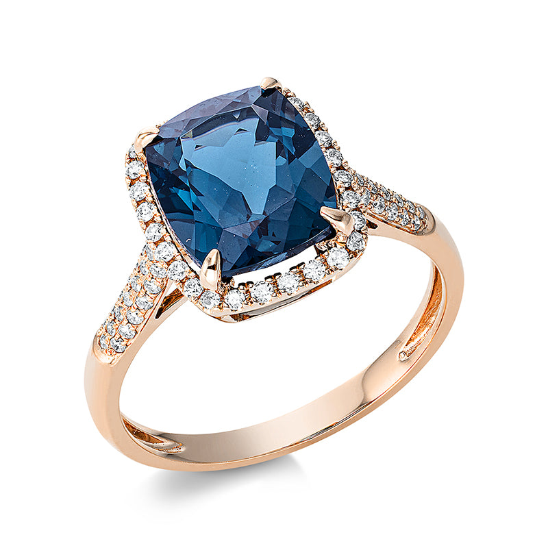 Ring 18 kt RG, 66 Brill. 0,27 ct, TW-si, 1 Topas 4,00 ct Lond. blue