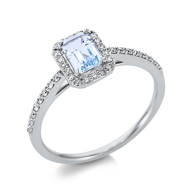 Ring 18 kt WG, 36 Brill. 0,19 ct, TW-si, 1 Topas 0,64 ct sky blue