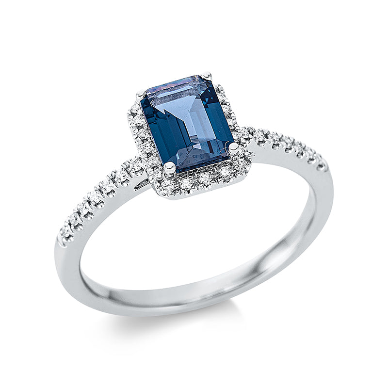 Ring 18 kt WG, 34 Brill. 0,11 ct, TW-si, 1 Topas 1,08 ct Lond. blue