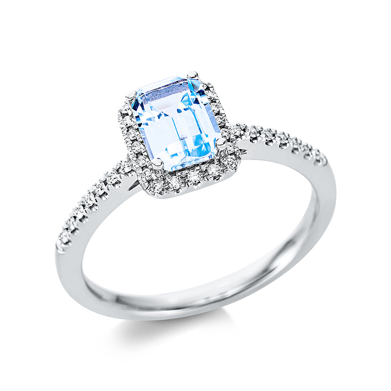 Ring 18 kt WG, 34 Brill. 0,11 ct, TW-si, 1 Topas 1,24 ct sky blue