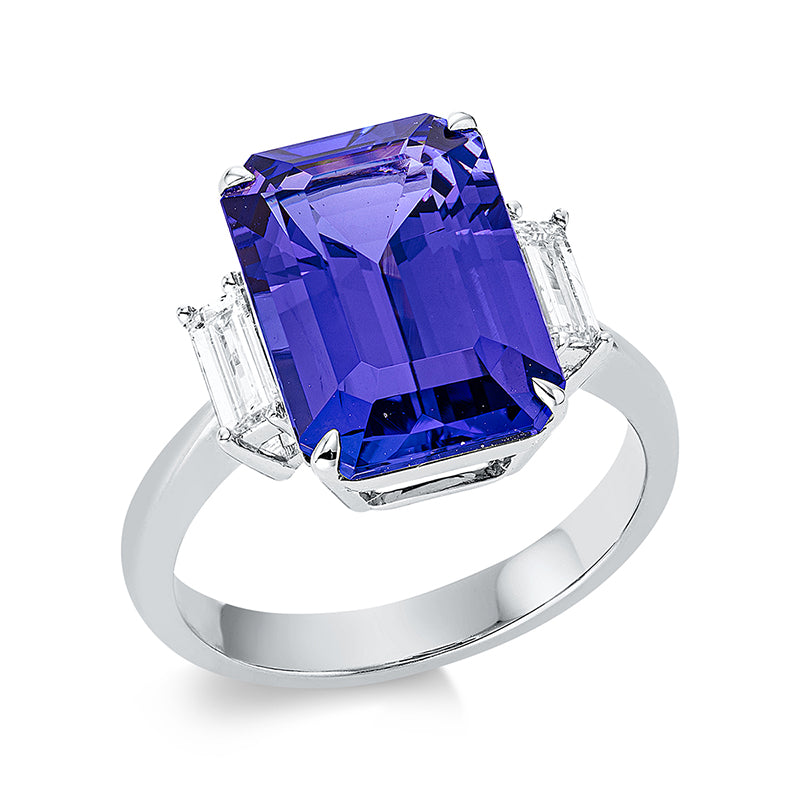 Ring 18 kt WG, 2 Bag. 0,38 ct, TW-si, 1 Tansanit 6,83 ct blau