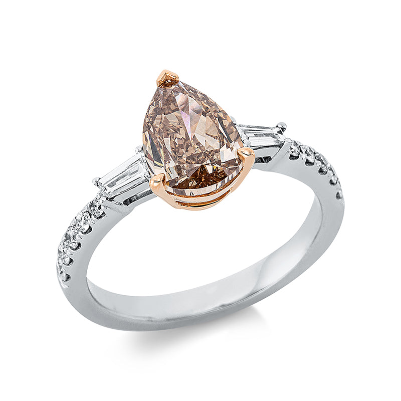 Ring 18 kt WG+RG, GIA6234005586, 1 Tropfen 2,15 ct, braun-si, 2 Bag. 0,15 ct, TW-si, 10 Brill. 0,22 ct, TW-si