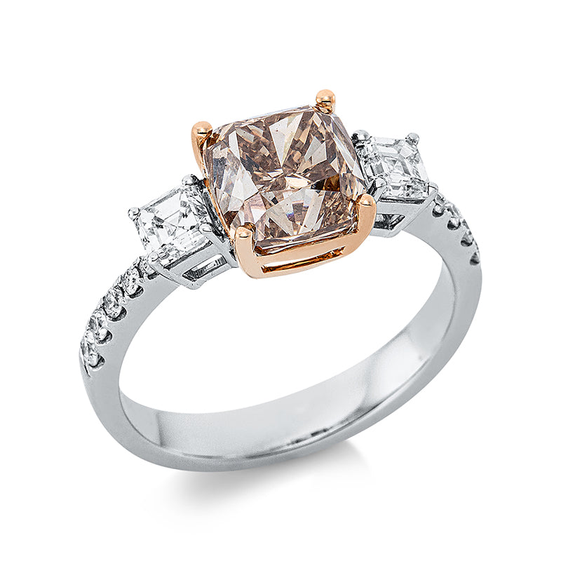 Ring 18 kt WG+RG, 10 Brill. 0,16 ct, TW-si, 2 Assher 0,62 ct, TW-si, 1 Cushion 3,08 ct, braun