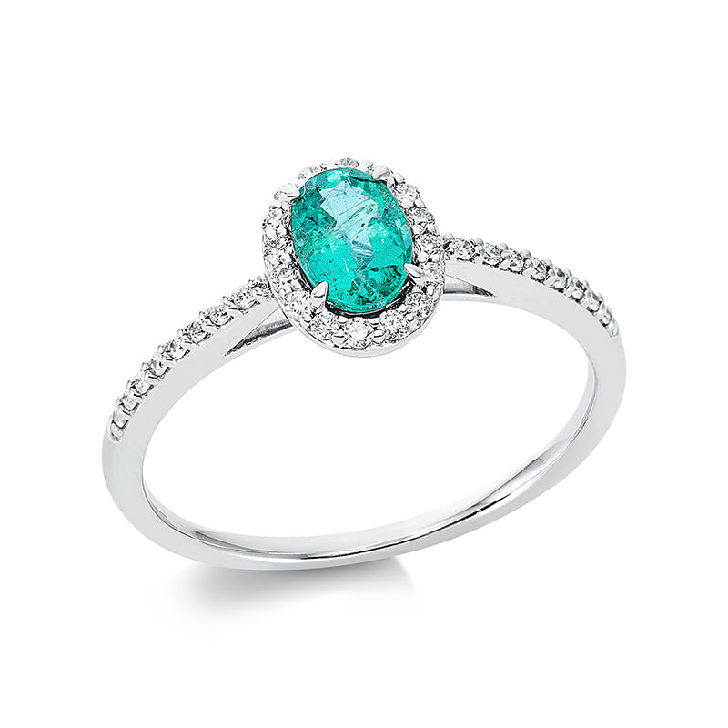 Ring 18 kt WG, 32 Brill. 0,14 ct, TW-si, 1 Smaragd 0,46 ct grün