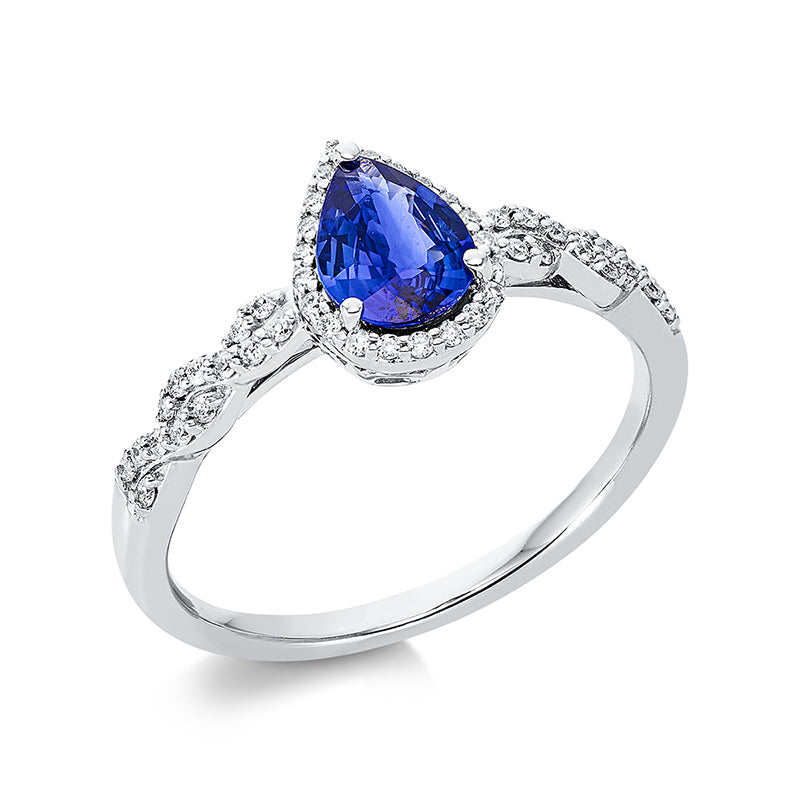 Ring 18 kt WG, 49 Brill. 0,16 ct, TW-si, 1 Saphir 0,65 ct blau