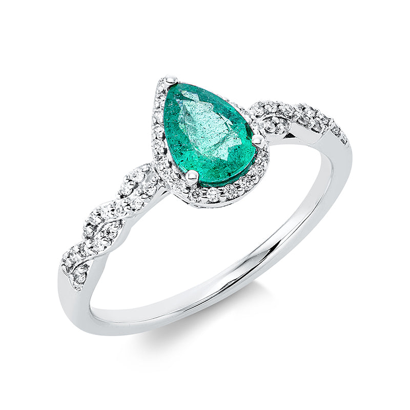 Ring 18 kt WG, 49 Brill. 0,17 ct, TW-si, 1 Smaragd 0,70 ct grün