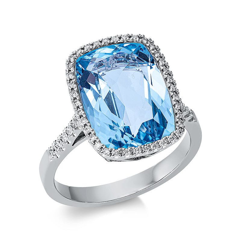 Ring 18 kt WG, 50 Brill. 0,20 ct, TW-si, 1 Topas 7,60 ct sky blue