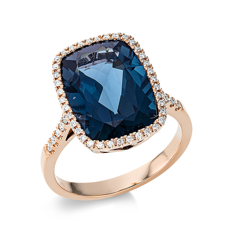 Ring 18 kt RG, 50 Brill. 0,20 ct, TW-si, 1 Topas 8,30 ct Lond. blue