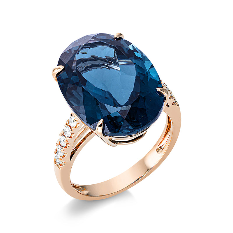 Ring 18 kt RG, 10 Brill. 0,20 ct, TW-si, 1 Topas 16,50 ct Lond. blue