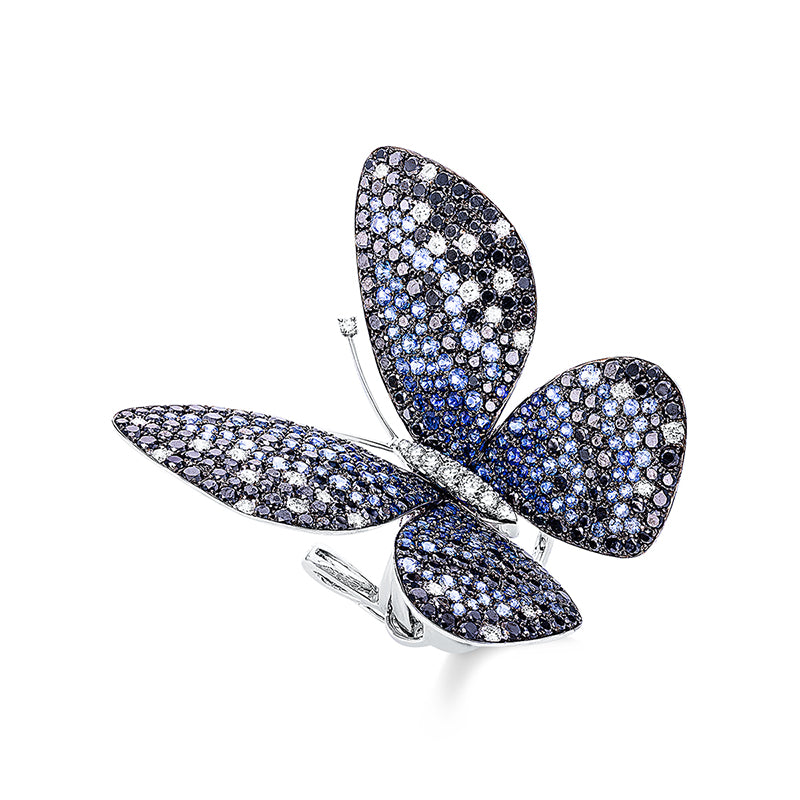 Ring 18 kt WG, Fassung teils schwarz rhodinie, 35 Brill. 0,91 ct, TW-vsi/si, 221 Brill. 6,91 ct, schwarz, 201 Saphire 5,71 ct blau