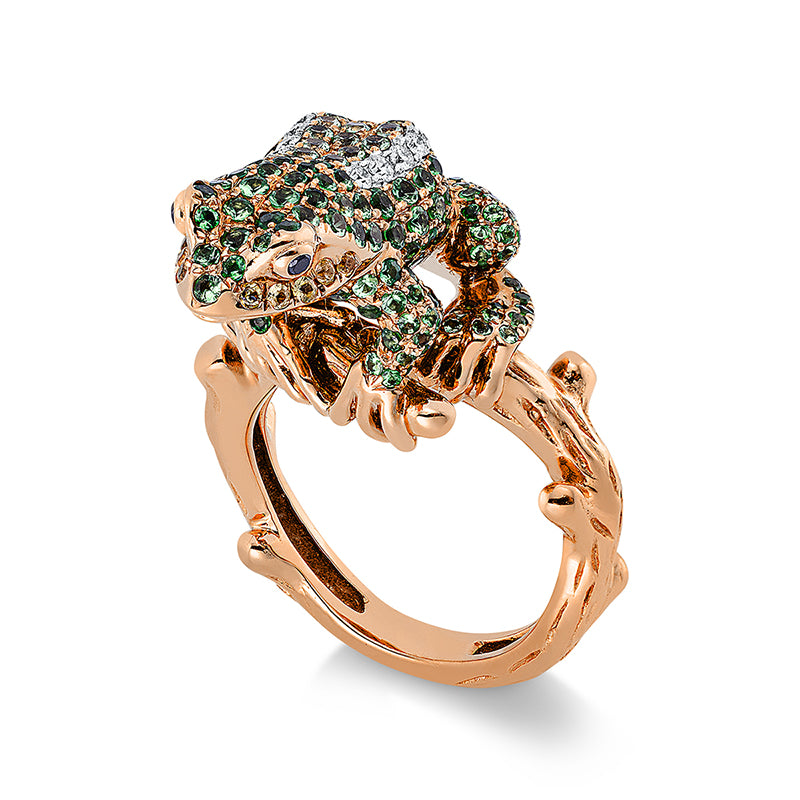 Ring 18 kt RG, 14 Br. 0,15 ct, TW-vsi, 14 Br. 0,15 ct, schw, 219 Tsa 2,21 ct, 10 Sap 0,10 ct grün